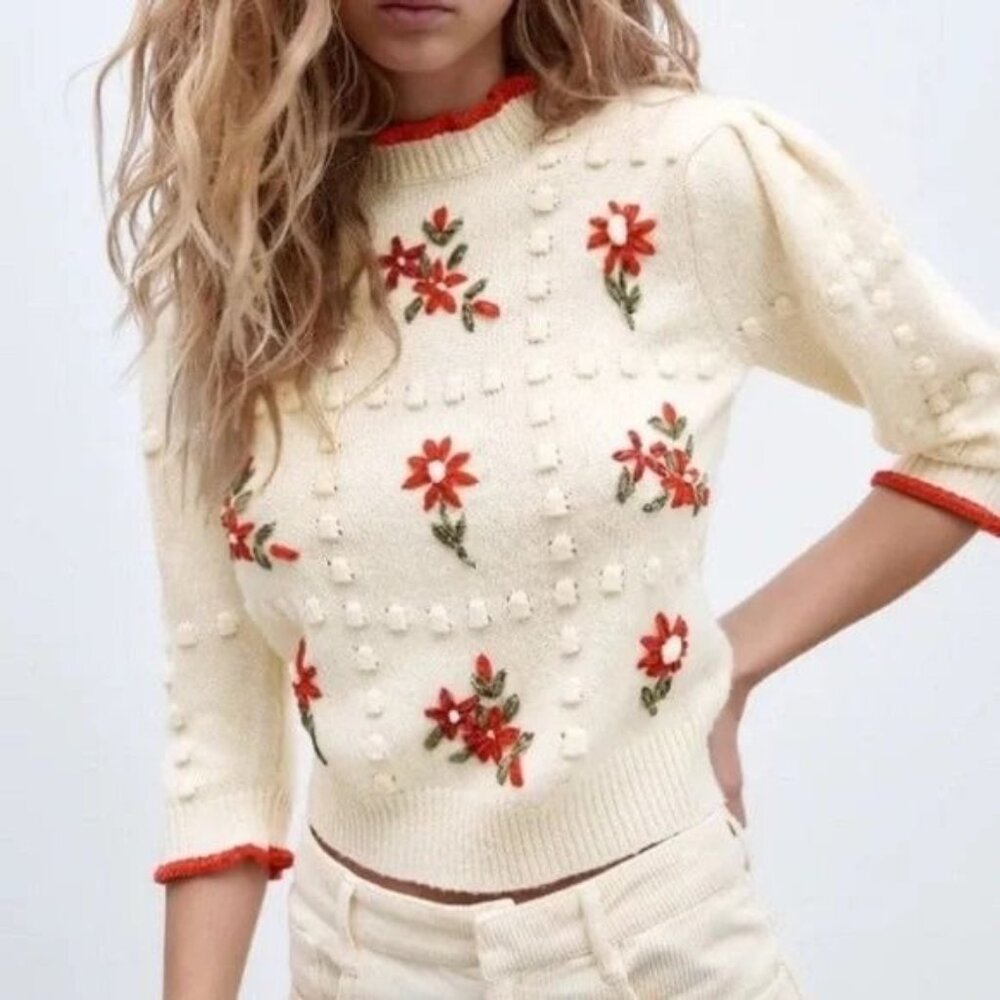 Pink Ripple Retro Sweater Embroidered Floral Ruffle 3/4 Sleeve Ivory S
